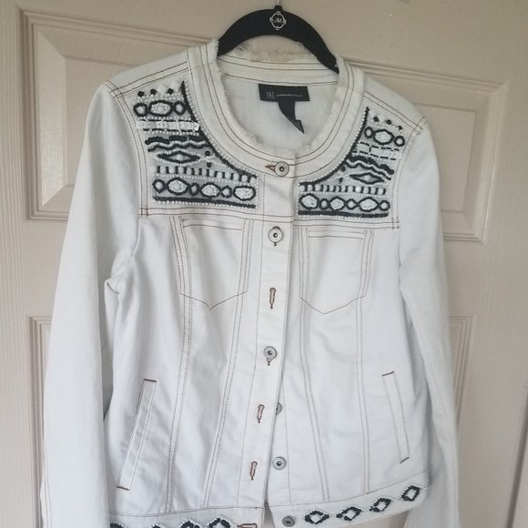 Jean jacket women white beaded trim INC size S - Picture 1 of 8